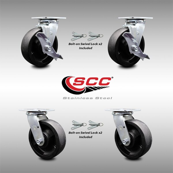 Service Caster 6 Inch SS Glass Filled Nylon Caster Set with Ball Bearings 4 Swivel Lock 2 Brake SCC-SS30S620-GFNB-TLB-BSL-2-BSL-2 - main